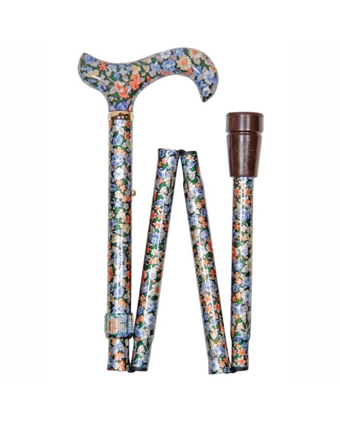 Canne de marche pliante réglable motif floral bleu et orange