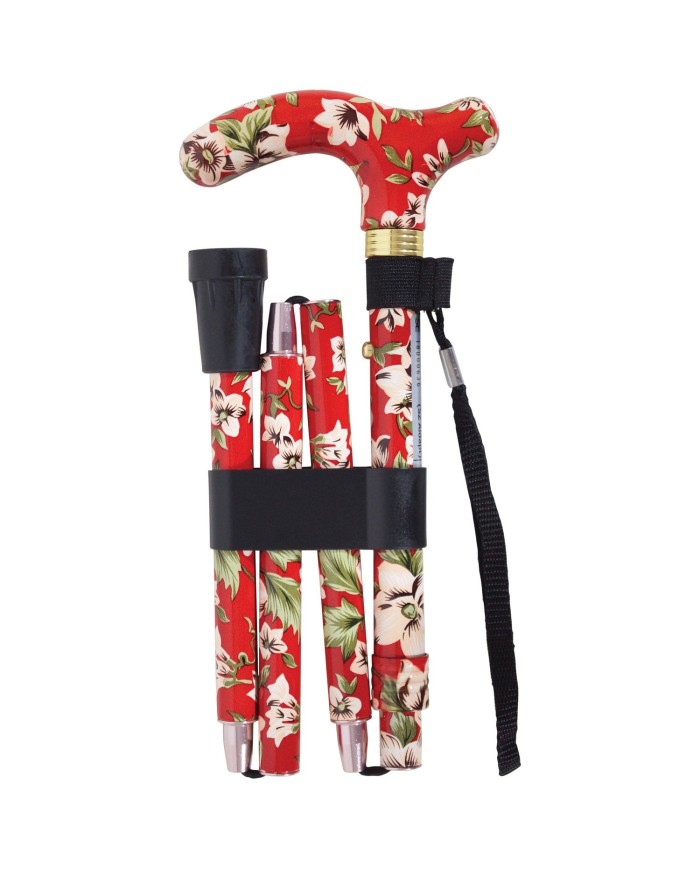 Canne de marche pliante réglable rouge à fleurs
