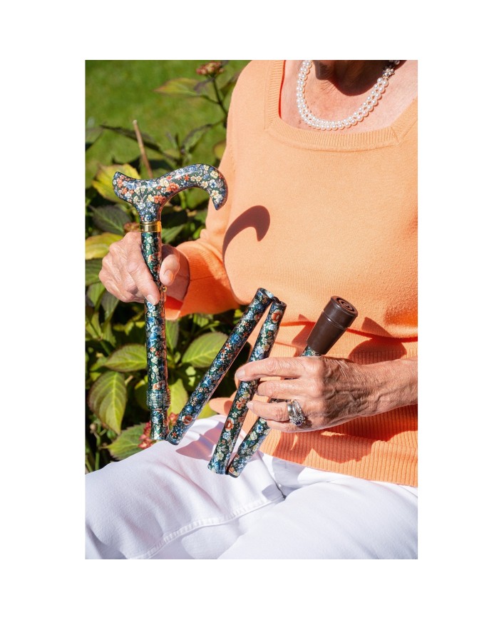 Canne de marche pliante réglable motif floral bleu et orange