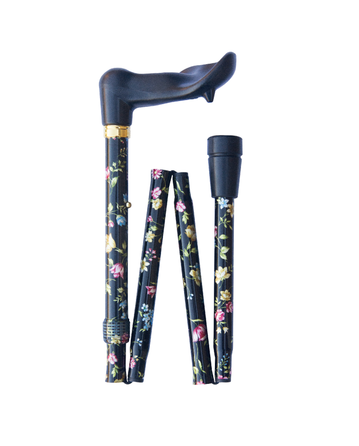 Canne Orthopédique Pliante Noir - Motif Floral - gaucher