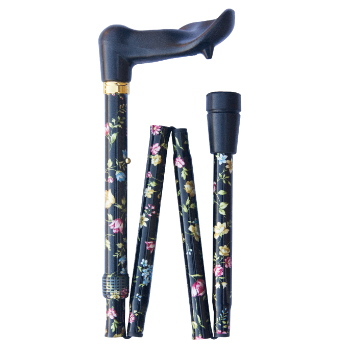 Canne Orthopédique Pliante Noir - Motif Floral - gaucher
