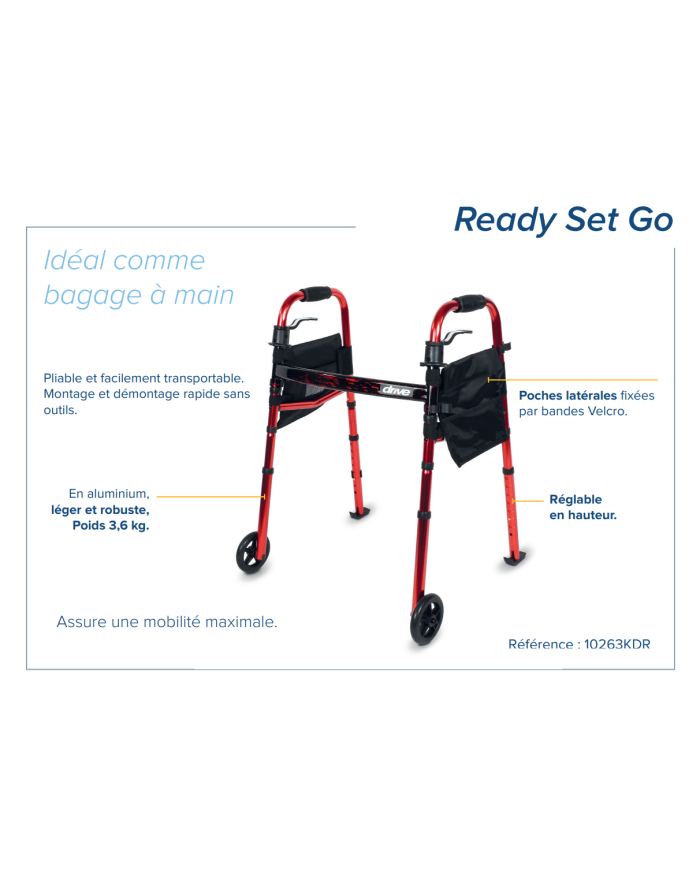 Cadre de marche déambulateur en aluminium pliant Ready Set Go