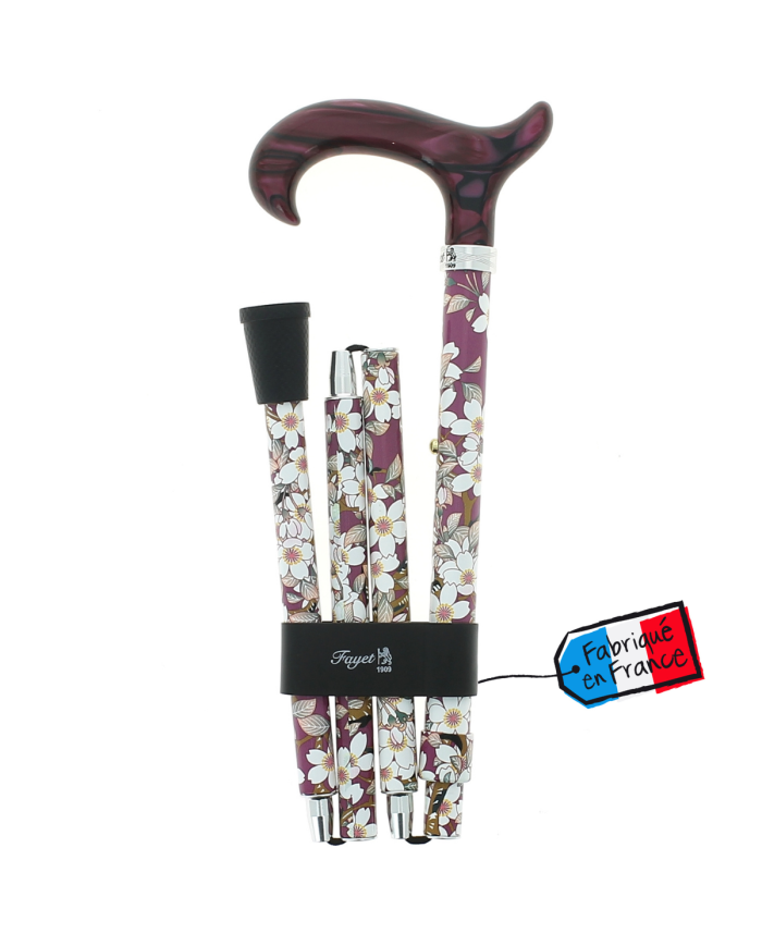 Canne pliante réglable alu vieux rose fleurs et poignée plexiglass violine