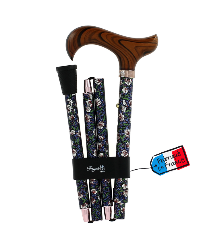 Canne pliante réglable alu fleurs et poignée bois