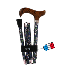 Canne pliante réglable alu fleurs et poignée bois