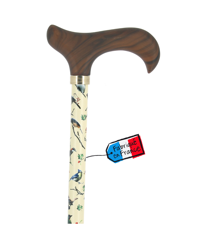 Canne réglable alu beige oiseaux et poignée bois