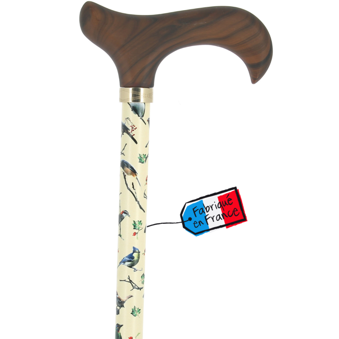 Canne réglable alu beige oiseaux et poignée bois
