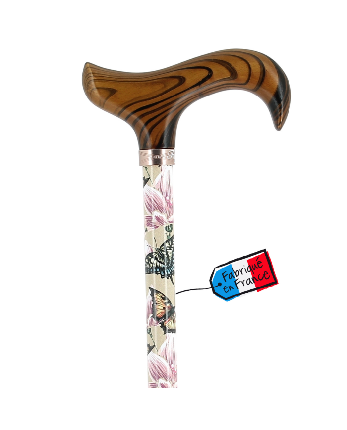 Canne réglable alu beige avec fleurs et papillons et poignée bois