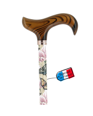Canne réglable alu beige avec fleurs et papillons et poignée bois