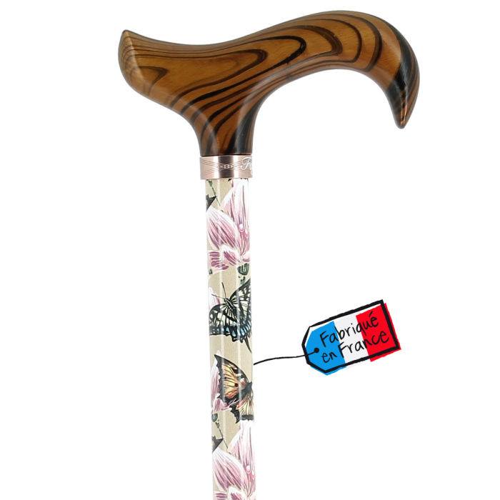 Canne réglable alu beige avec fleurs et papillons et poignée bois
