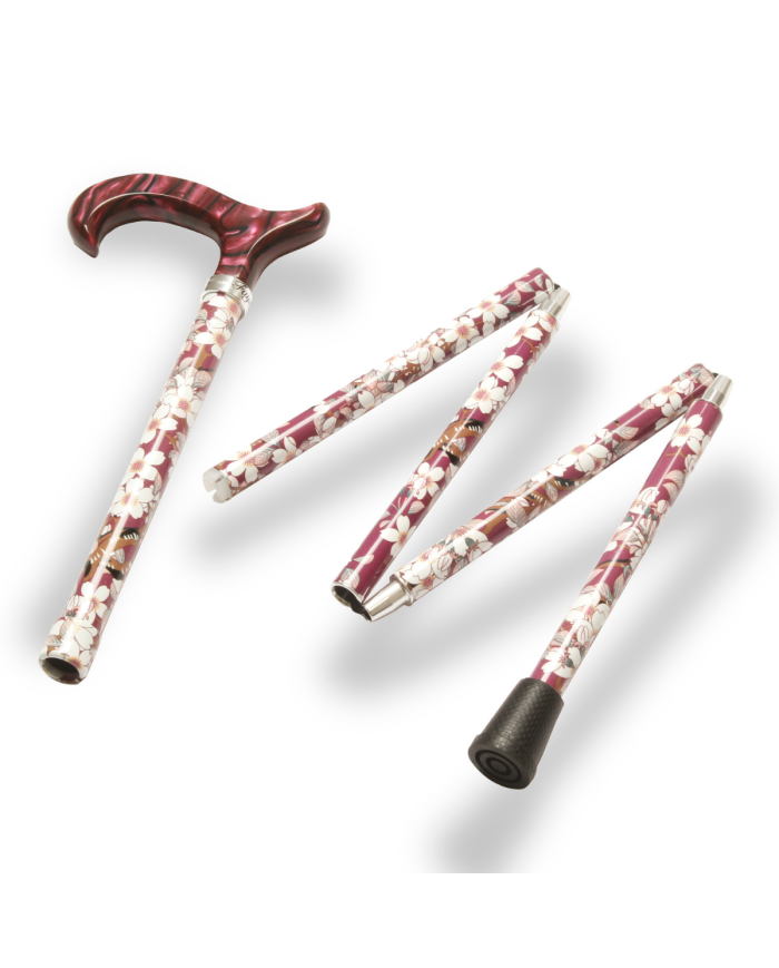 Canne pliante réglable alu vieux rose fleurs et poignée plexiglass violine