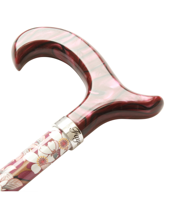 Canne pliante réglable alu vieux rose fleurs et poignée plexiglass violine