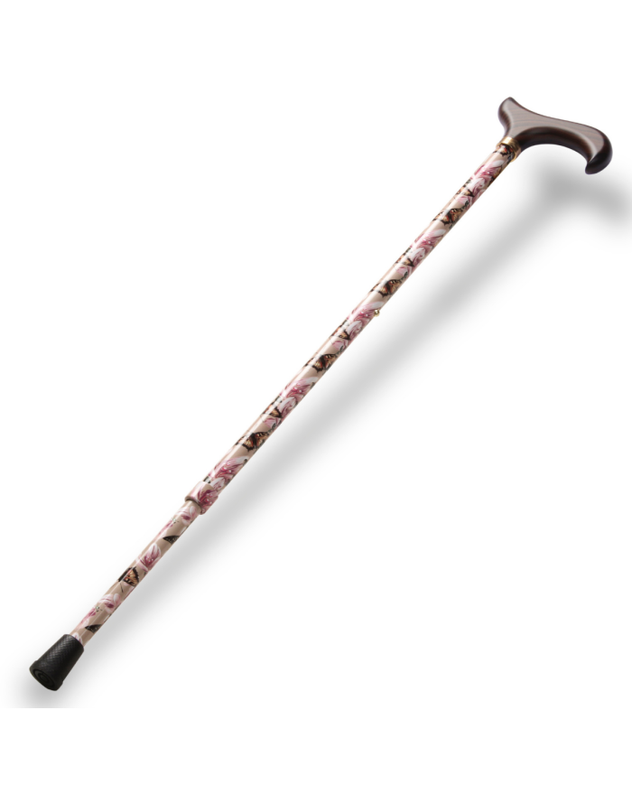 Canne réglable alu beige avec fleurs et papillons et poignée bois