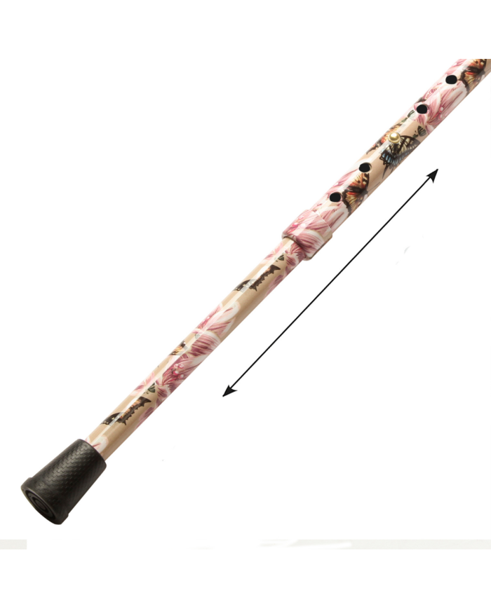 Canne réglable alu beige avec fleurs et papillons et poignée bois