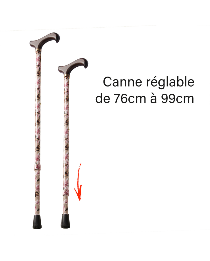 Canne réglable alu beige avec fleurs et papillons et poignée bois